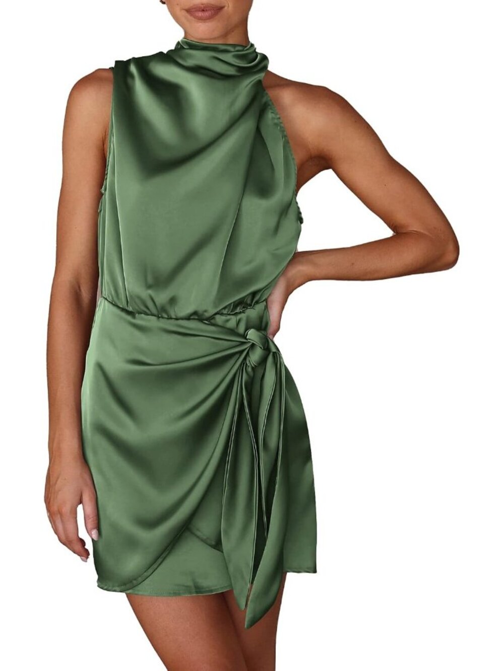 Women's Army Green Sleeveless Mock Neck Formal Satin Tie Waist Tank Top Dress